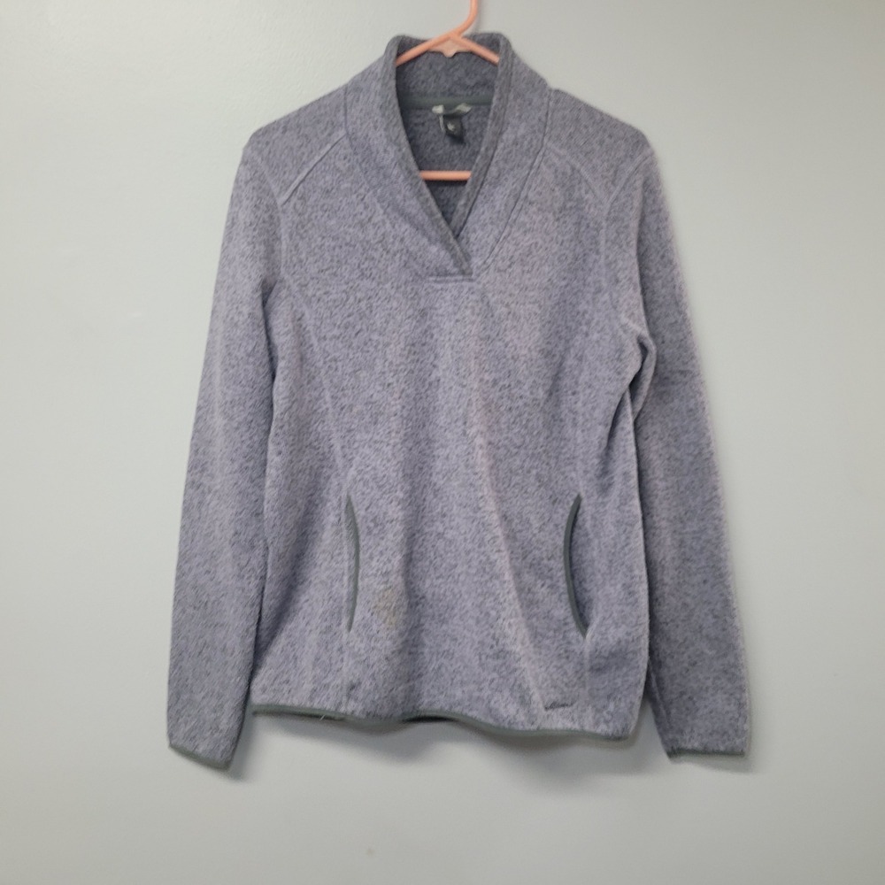 Eddie Bauer Womens Large Gray Knit Pullover Sweater V-Neck Fleece Lined